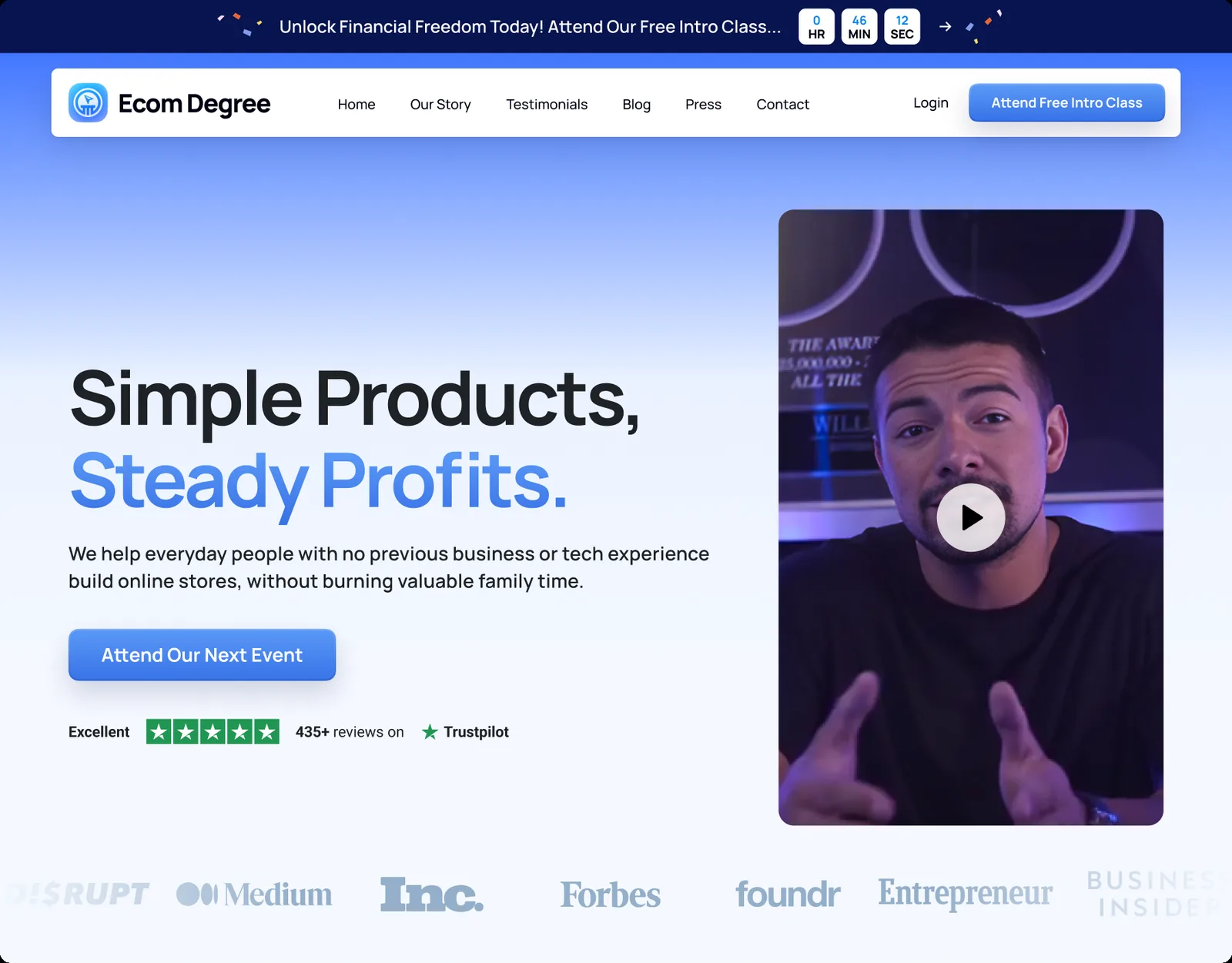 EcomDegree enrollment funnel landing page