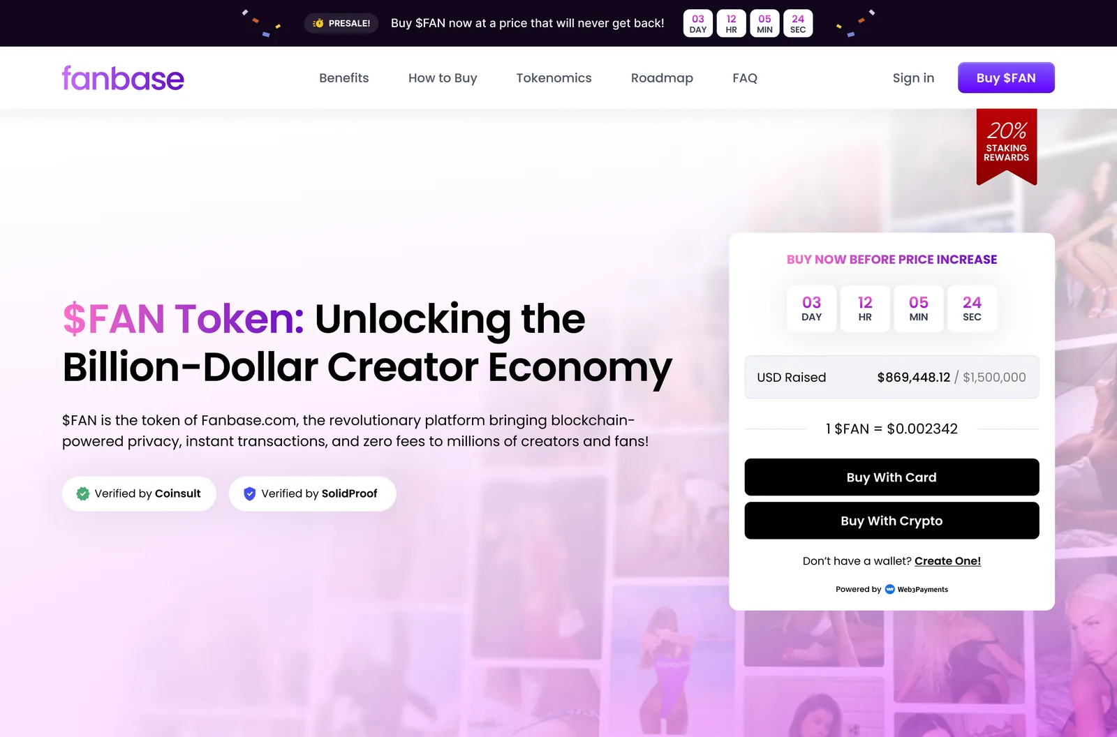 Fanbase presale funnel, $FAN token landing page